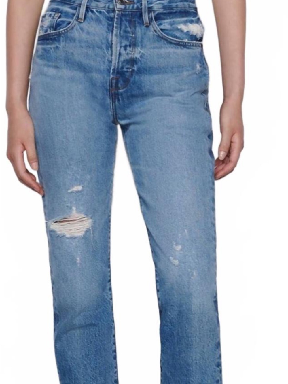 Frame Denim Straight-Leg Distressed Jeans in Light Blue